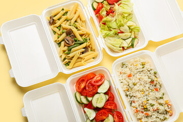 Food delivery containers with tasty meals on color background, closeup
