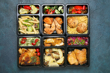 Food delivery containers with different delicious meals on dark background