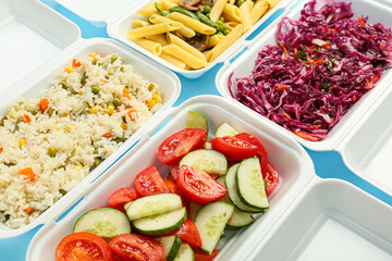 Food delivery containers with different delicious meals on color background, closeup