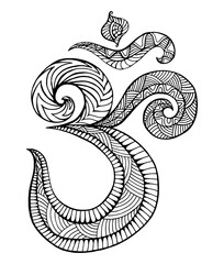 Fototapeta premium Om symbol coloring page for adults with maze of ornaments. Psychedelic stylish element monochrome Aum.