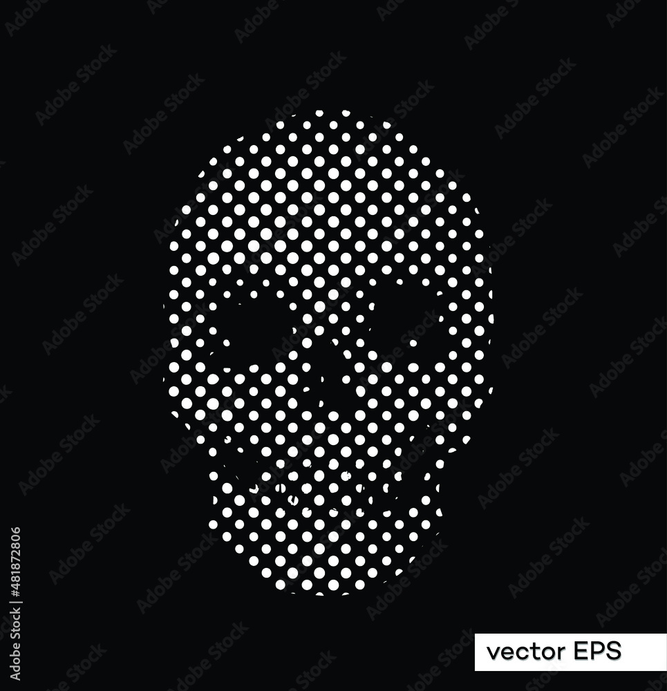 Aufkleber big dots texture halftone black and white vector illustration of skull head from 3d rendering.