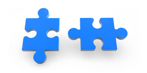Two blank Blue puzzle pieces. 3D Illustration. 2 puzzle pieces  