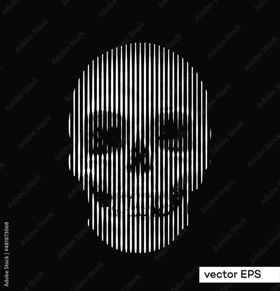 Poster vertical line texture halftone black and white vector illustration of skull head from 3d rendering.