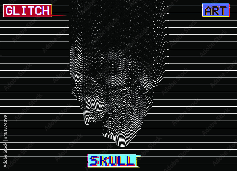 Poster glitch art skull. vector black and white design of evaporating screaming skull in oscilloscope white