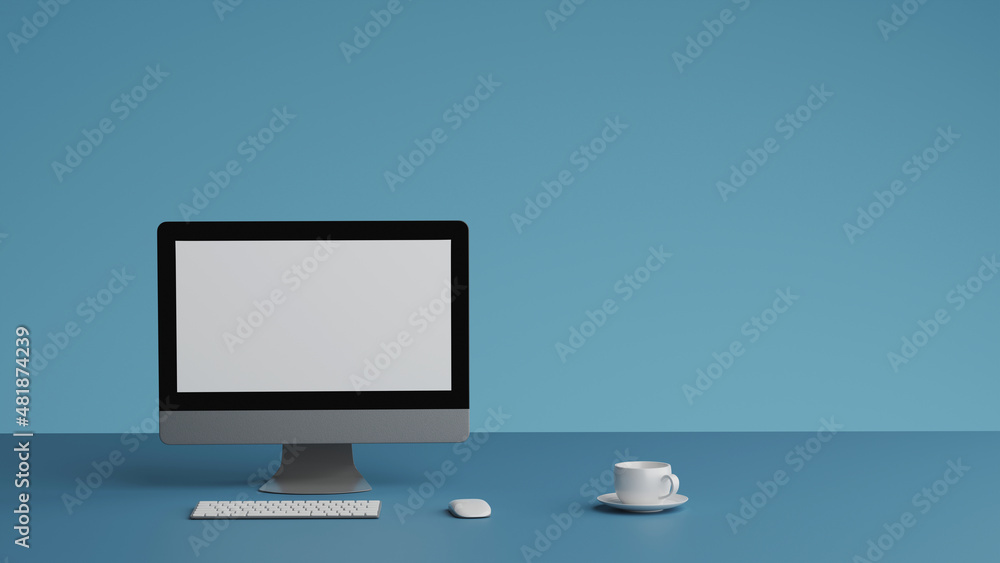 Poster blank screen on the desktop computer with a cup of coffee, mock-up, 3d rendering