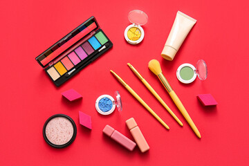 Decorative cosmetics on red background