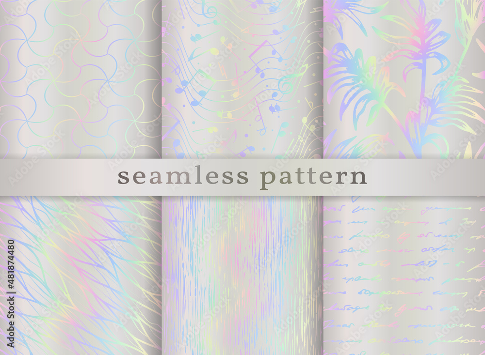 Poster holographic seamless pattern. set iridescent background. repeated rainbow pattern. hologram texture.