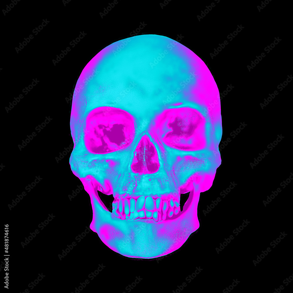 Poster pixel sorting glitch art corrupted graphics of colorful psychedelic front side skull from 3d renderi