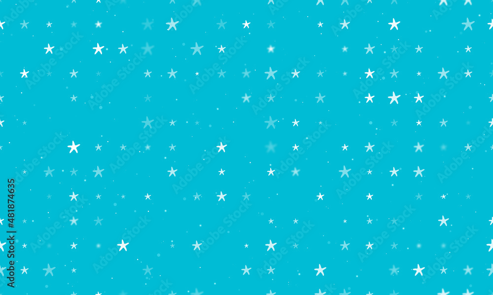 Poster seamless background pattern of evenly spaced white starfish symbols of different sizes and opacity. 