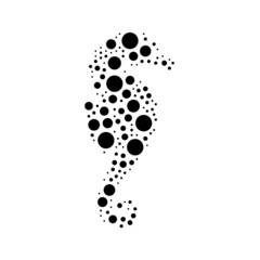 A large sea horse symbol in the center made in pointillism style. The center symbol is filled with black circles of various sizes. Vector illustration on white background