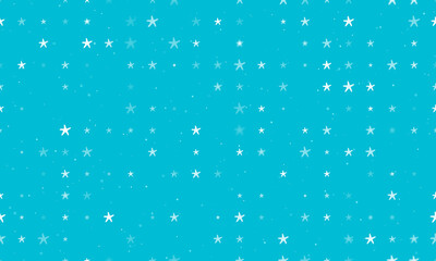 Seamless background pattern of evenly spaced white starfish symbols of different sizes and opacity. Vector illustration on cyan background with stars