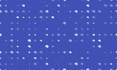 Seamless background pattern of evenly spaced white marine nautilus symbols of different sizes and opacity. Vector illustration on indigo background with stars