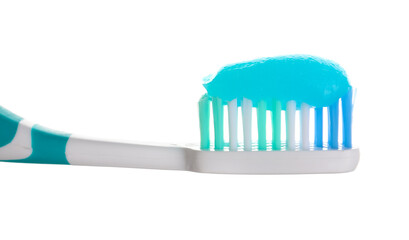 Toothbrush with paste on white background, closeup