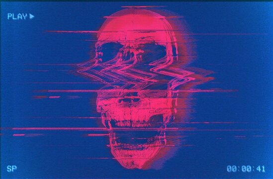 Digital vaporwave GLITCH ART screaming skull illustration in the style of old TV and VHS and RGB mode corrupted graphics signal.