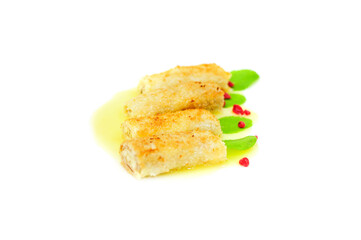 Crepes with ricotta cheese and sauce isolated on the white background. Delicious crepes, thin pancakes.