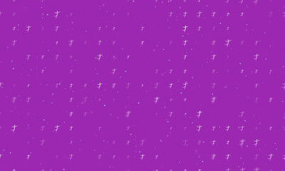 Seamless background pattern of evenly spaced white figure skating symbols of different sizes and opacity. Vector illustration on purple background with stars