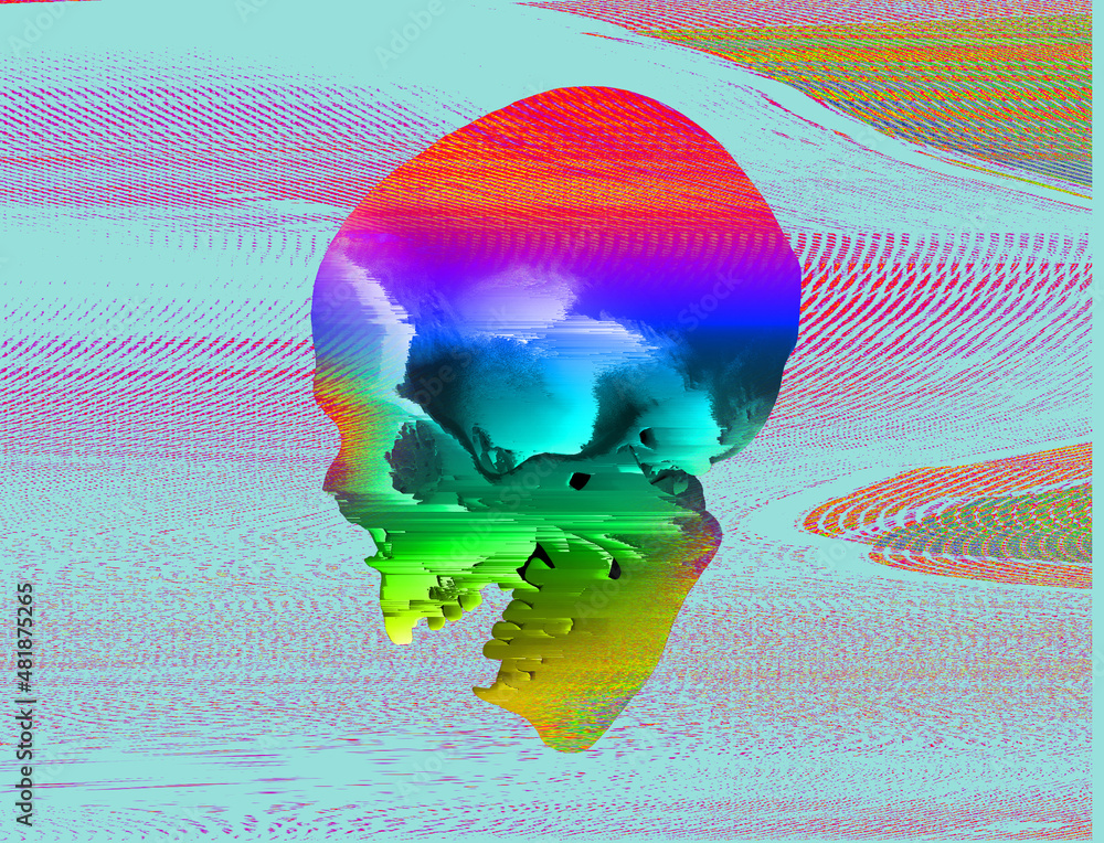 Aufkleber corrupted graphics and pixel sorting glitch art of colorful psychedelic screaming skull silhouette f