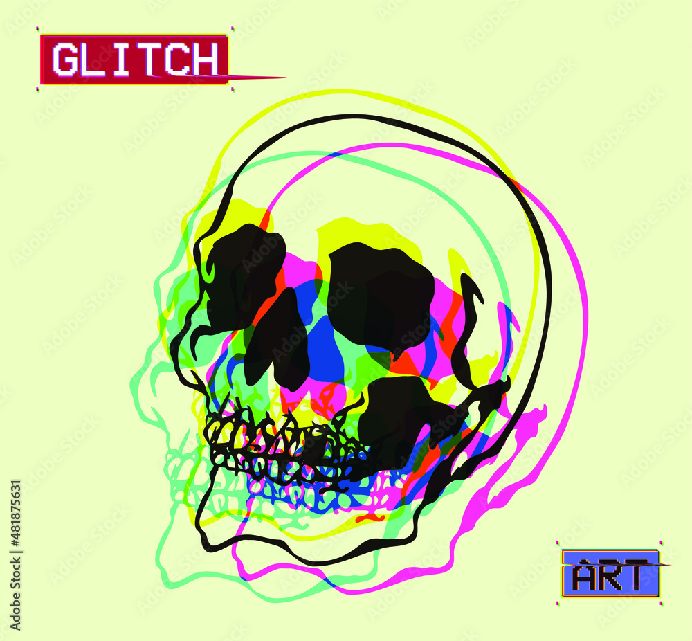 Aufkleber vector flat minimalist illustration of color glitched outline skull in cmyk color mode offset in min