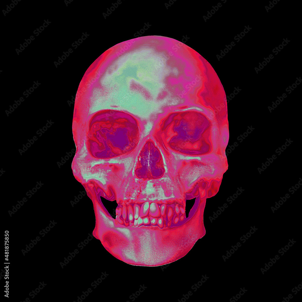 Poster pixel sorting glitch art corrupted graphics of colorful psychedelic front side skull from 3d renderi