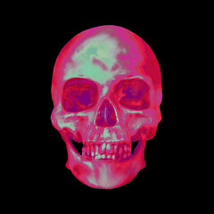 Pixel sorting glitch art corrupted graphics of colorful psychedelic front side skull from 3D rendering isolated on black background.