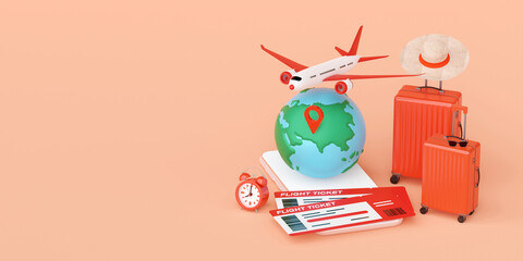 Fototapeta premium Flight booking, buy ticket or checkin application on smartphone 3d illustration