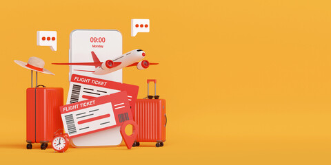 Flight booking, buy ticket or checkin application on smartphone 3d illustration - obrazy, fototapety, plakaty