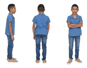 front, back and side view  of same boy on white background