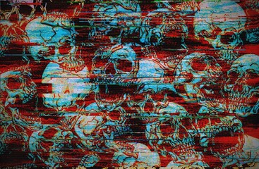 Digital illustration of mass of skulls in glitch art and old retro style CRT TV screens and VHS corrupted graphics.