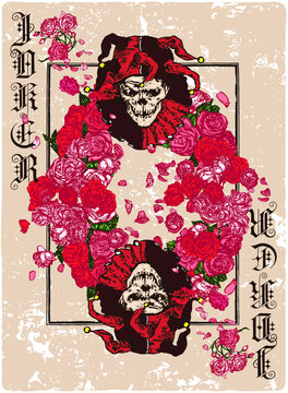 Joker jester playing card with wreath of red and pink roses with falling petals. Vintage style vector illustration.