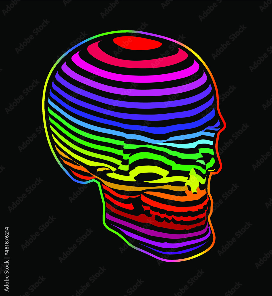 Poster vector illustration of psychedelic skull with colorful horizontal stripes isolated on black backgrou