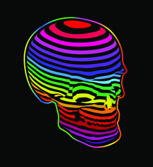 Vector illustration of psychedelic skull with colorful horizontal stripes isolated on black background