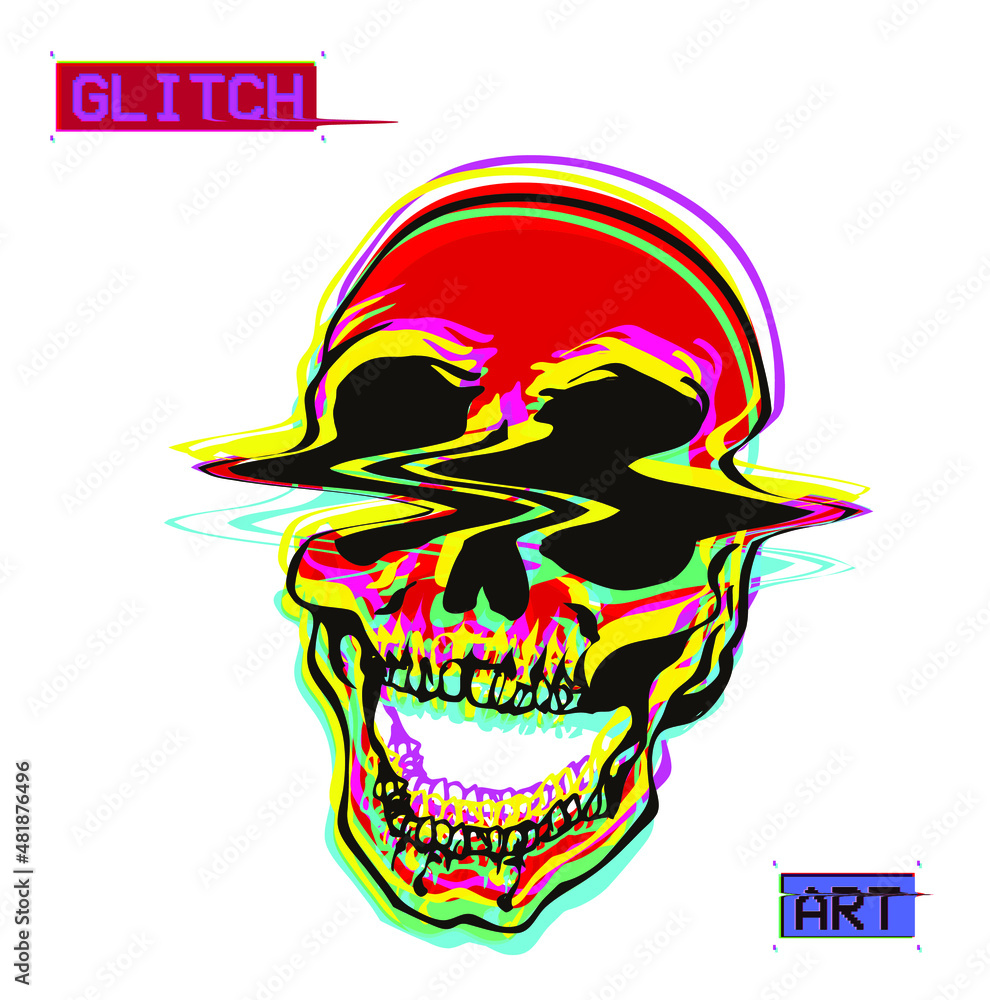 Aufkleber vector flat minimalist illustration of red and color glitched line screaming skull in cmyk color mod