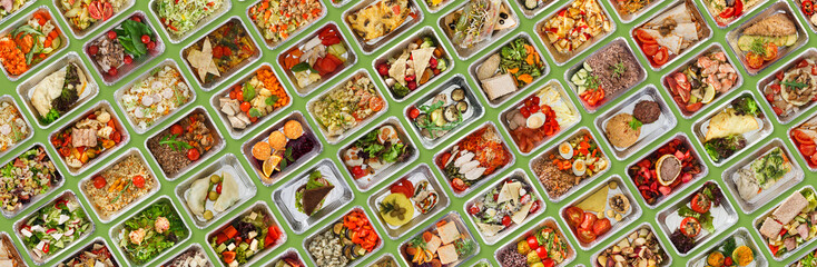 Prepared Meals Delivery Background. Set Of Foil Containers With Tasty Healthy Food