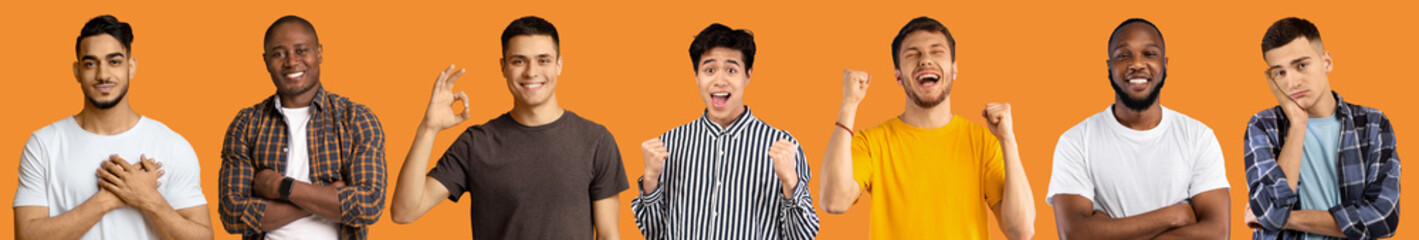 Multiracial men gesturing and grimacing on orange, collage