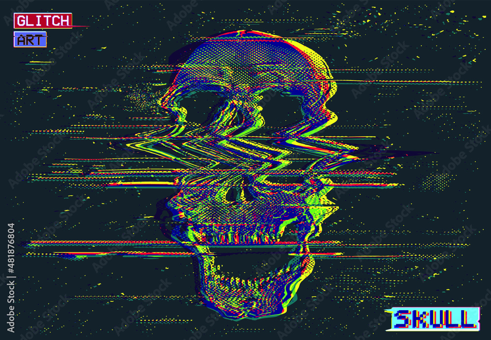 Poster vector glitch art screaming skull illustration in the style of old tv and vhs and rgb mode corrupted