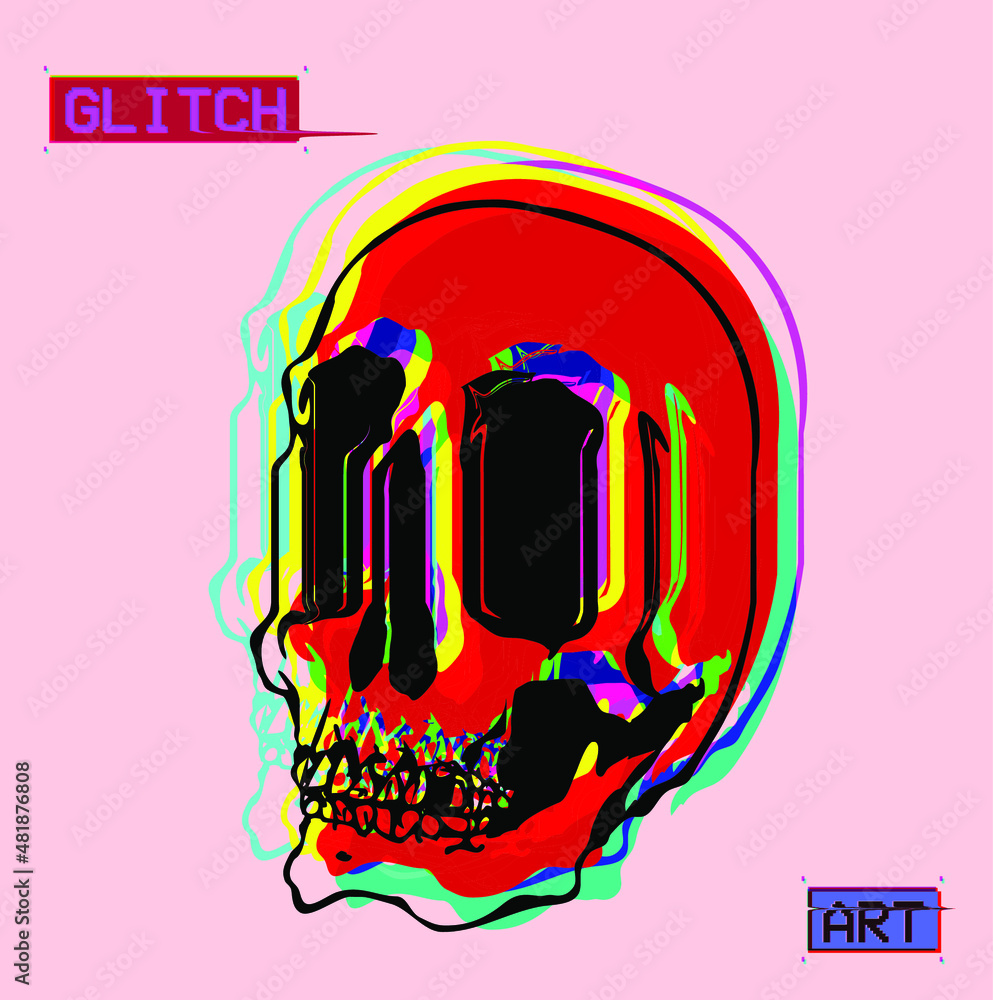 Aufkleber vector flat minimalist illustration of red and color glitched line screaming skull in cmyk color mod