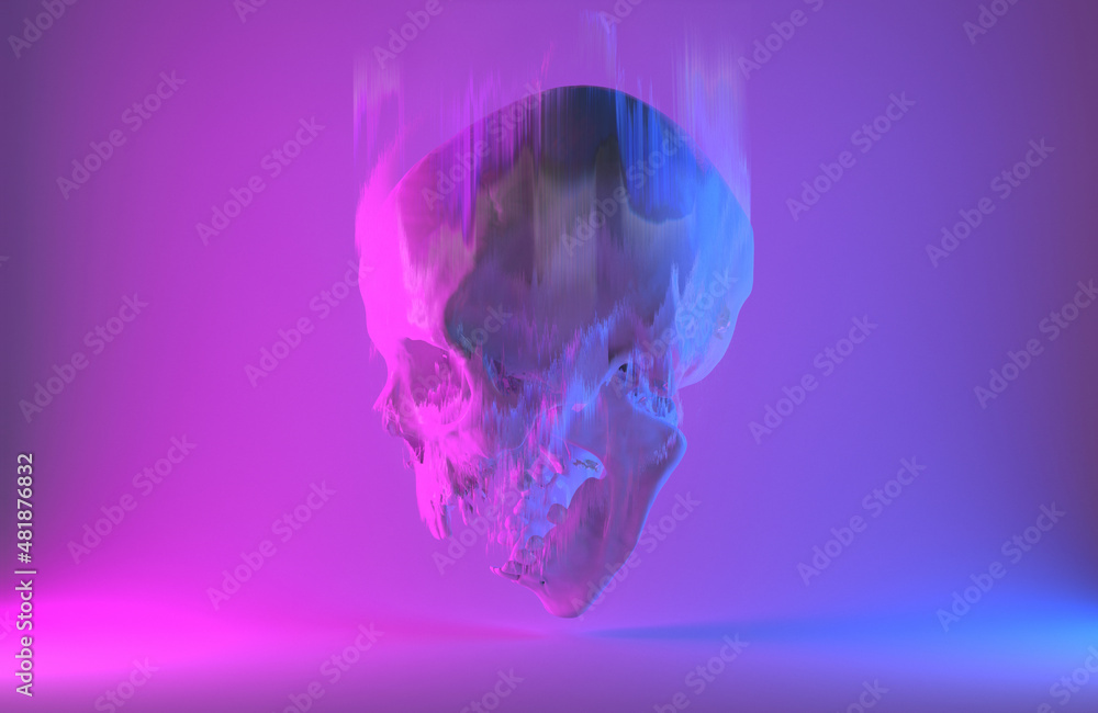 Aufkleber screaming skull 3d rendering in pink and blue lightning in vaporwave photography pop style with vert