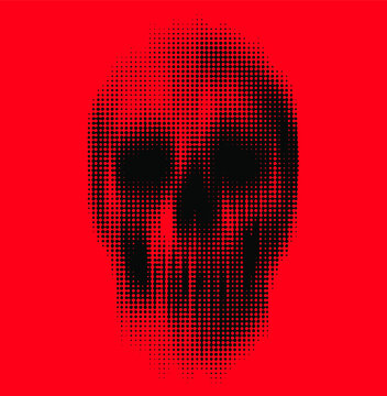 Vector dot halftone vertical motion blur smear scary skull isolated on red background.