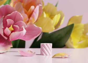 3D display podium pastel pink flower background. Tulip blossom. Nature minimal pedestal for beauty, cosmetic product presentation. Valentine, feminine copy space. Template stand. 3d render