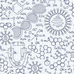 Scientific chemistry vector seamless pattern handwritten on grid paper with plots, formulas, dna strands and viruses