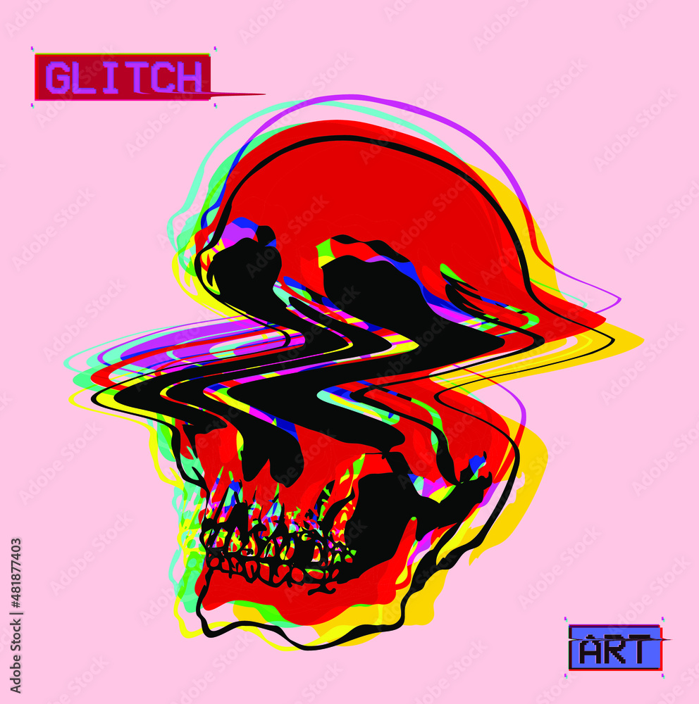 Aufkleber vector flat minimalist illustration of red and color glitched line screaming skull in cmyk color mod