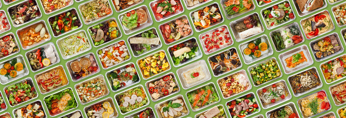 Fototapeta na wymiar Creative Collage For Food Delivery Concept With Prepared Meals In Foil Containers