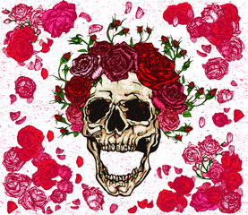 Vector illustration of shaded screaming skull with red roses crown wreath on white background framed by roses and falling petals in vintage style design.