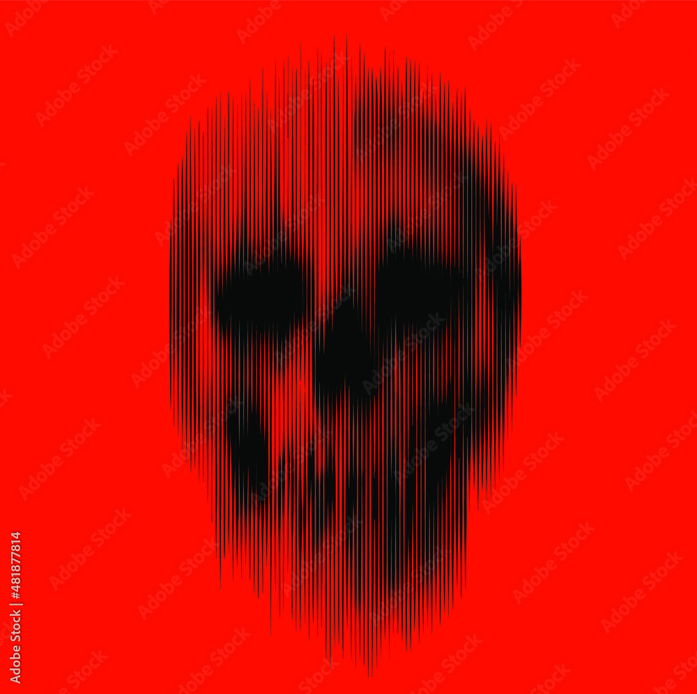 Poster vertical line halftone motion blur smear vector black skull isolated on red background.