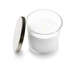 Aromatic wax candle in glass with cap on white background