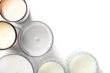 Different wax candles isolated on white background, closeup