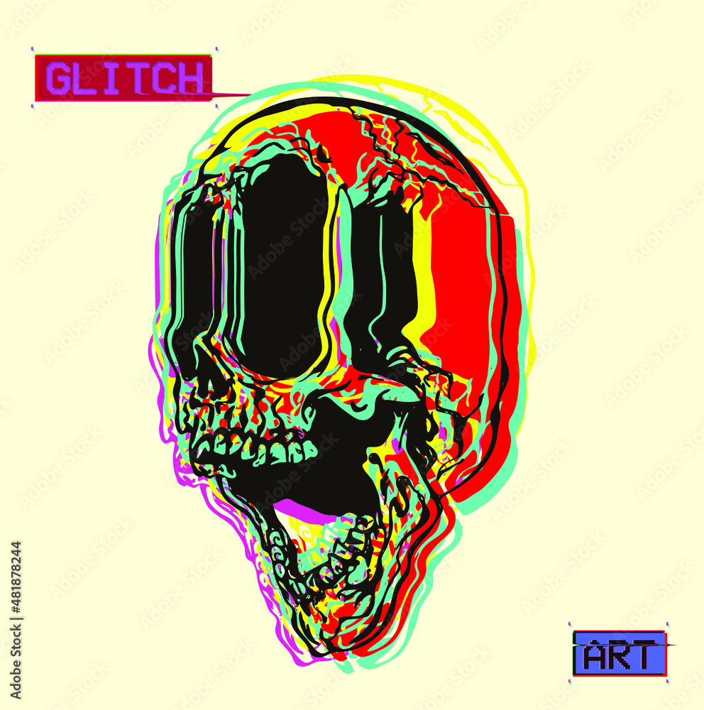 Aufkleber vector flat minimalist illustration of red and color glitched line screaming skull in cmyk color mod