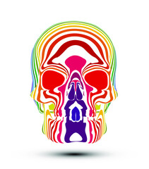 Vector illustration of psychedelic skull with colorful gradient stripes isolated on white background.