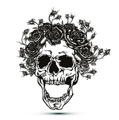 Vector illustration of black and white screaming skull with crown of roses and buds isolated on white background.