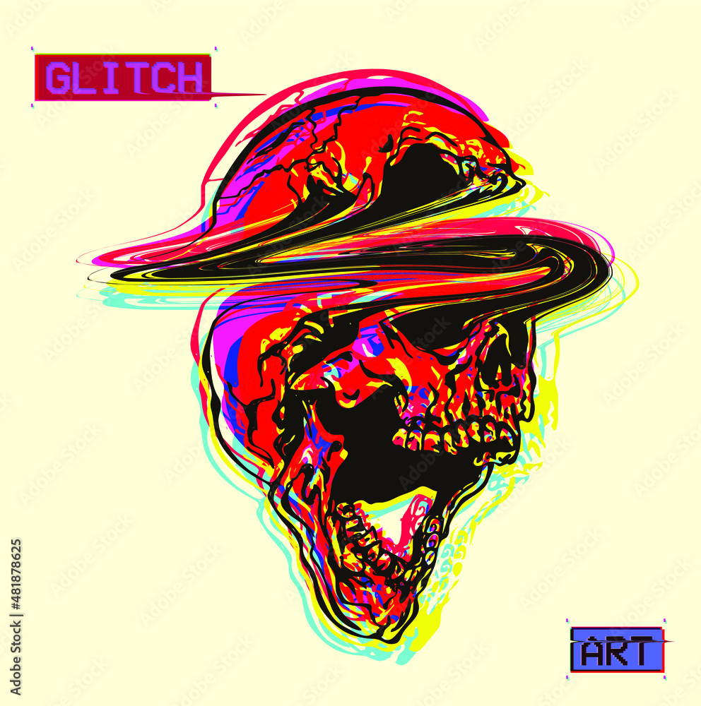 Aufkleber vector flat minimalist illustration of red and color glitched line screaming skull in cmyk color mod